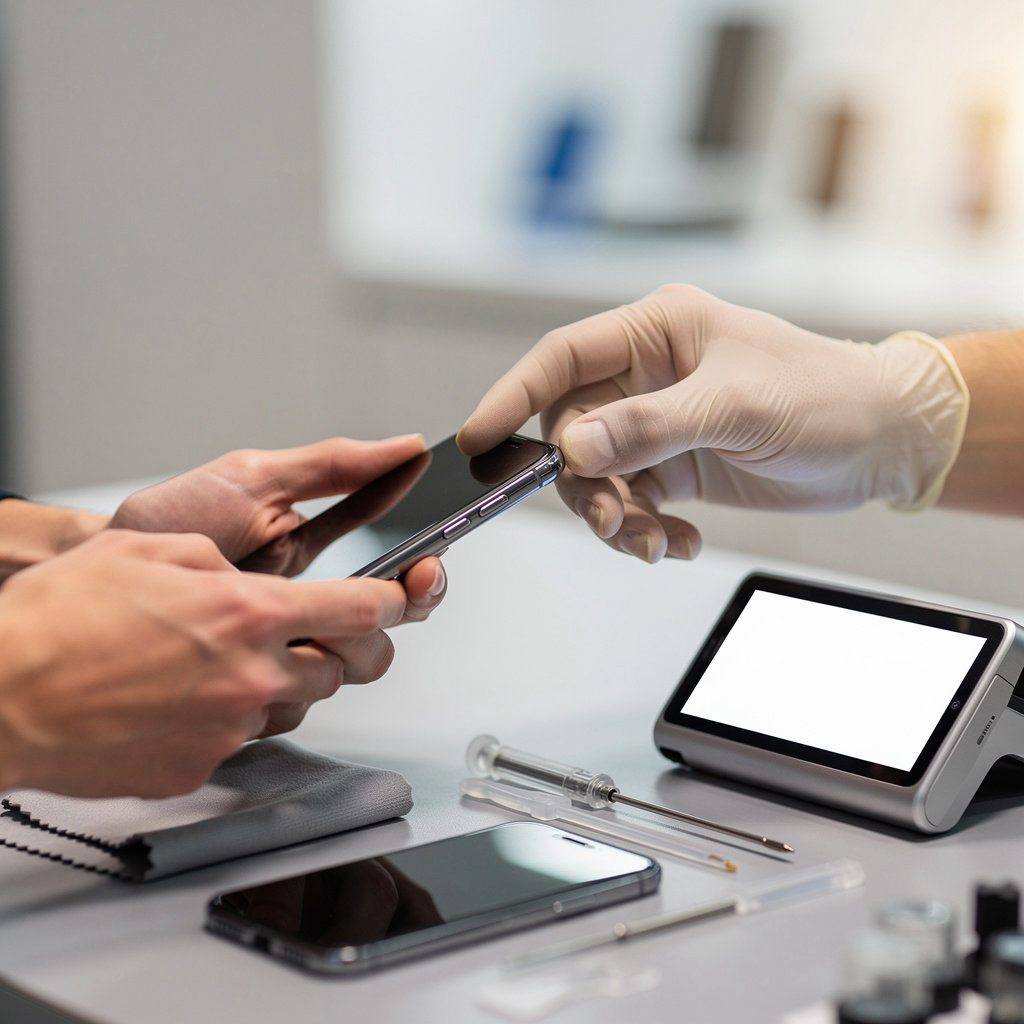TECH N FIX - REPAIR CENTER expert evaluating a smartphone for buy/sell in National City, CA